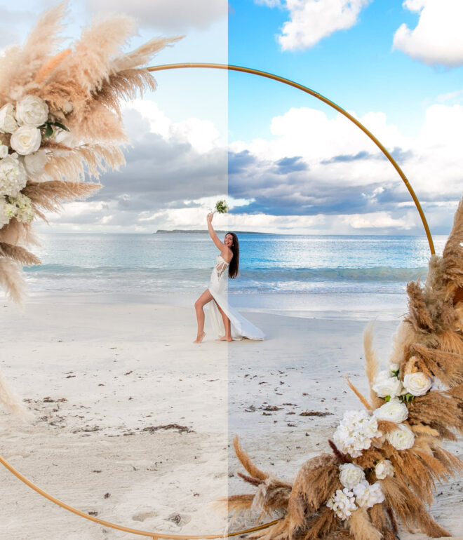 bride on the beach with 2 styles of editing